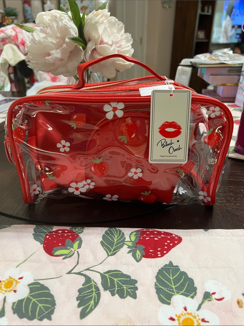 New BLUSH  CRUSH 3 Piece Red Clear Cosmetic Travel Bag Set
